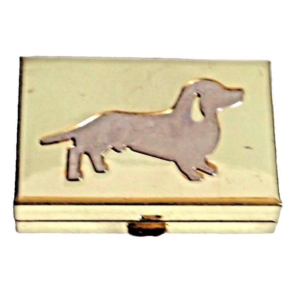 Daschound Golden Vintage 2 Compartment Pill Holder Jewelry Trinket Box 2" x 1.5"
